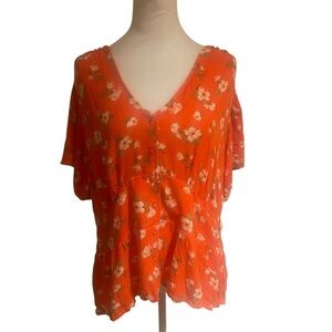 Old Navy Women’s 2X Blouse Orange Floral V-Neck Short Sleeve Top Plus Size NWT